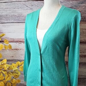 ANN TAYLOR LOFT CARIBBEAN GREEN LIGHTWEIGHT BUTTON-UP CARDIGAN